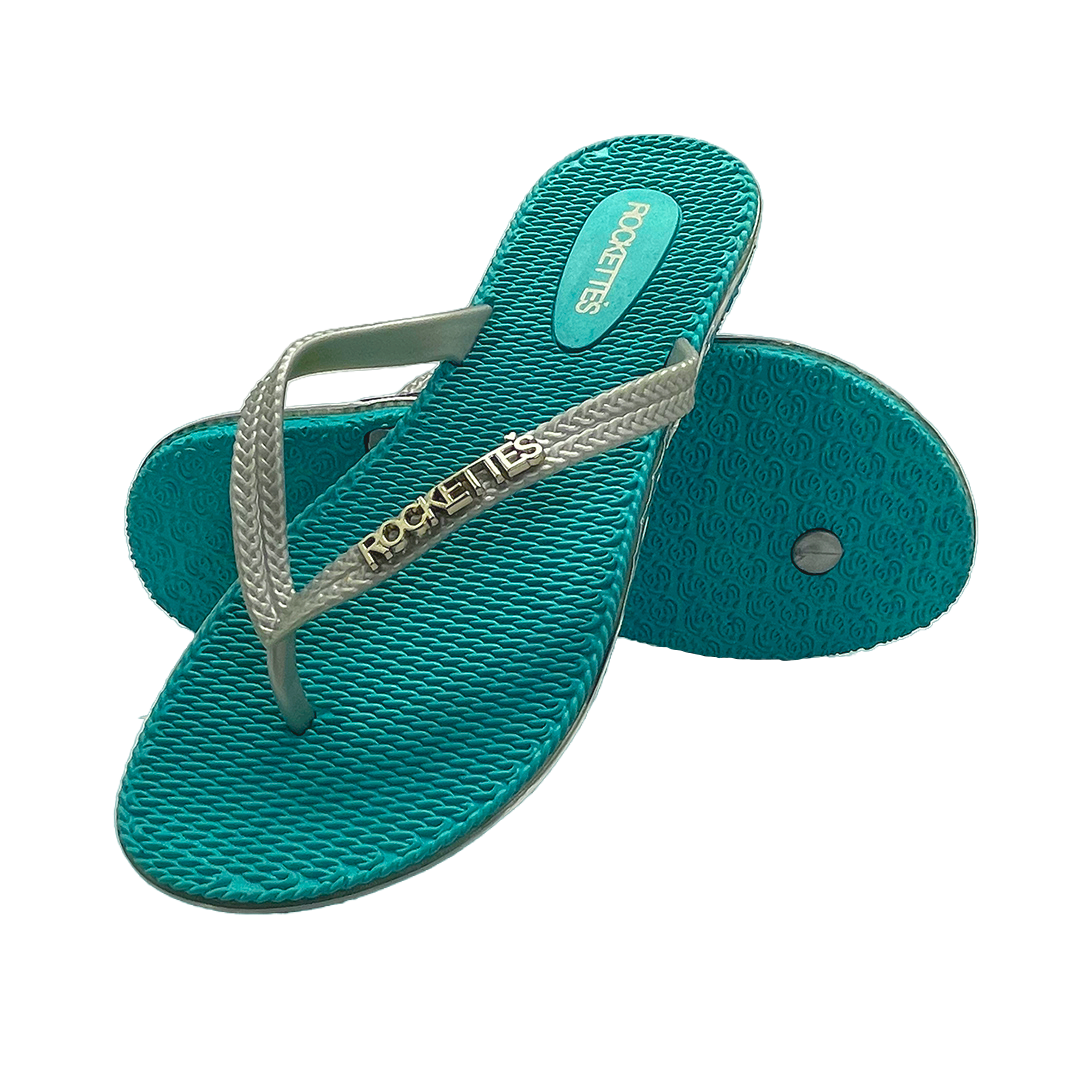 Rockettes | Platinum Weave Women&#39;s Thongs with Woven Straps | Aqua &amp; Silver