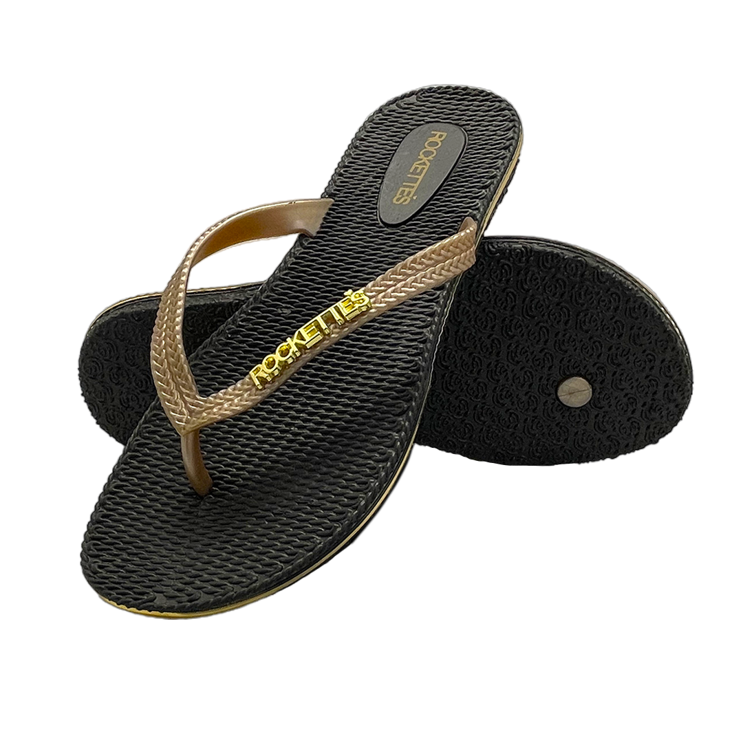 Rockettes | Platinum Weave Women&#39;s Thongs with Woven Straps | Black &amp; Gold