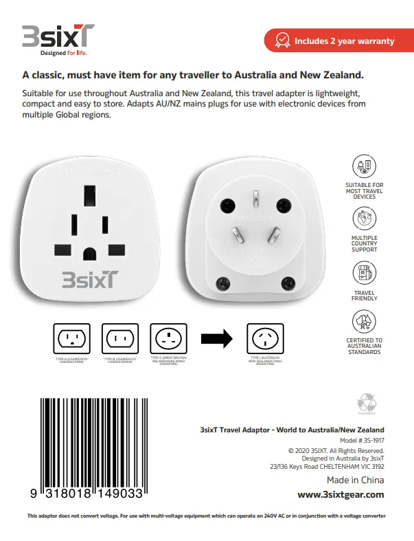 3SIXT - 3SIXT Travel Adaptor World to AUS/NZ | White