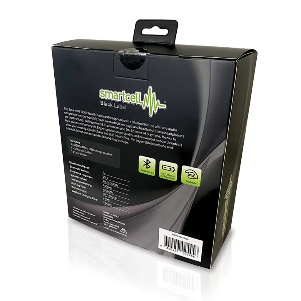 Smartcell - Smartcell Black Beat Wave Bluetooth Overhead Headphones