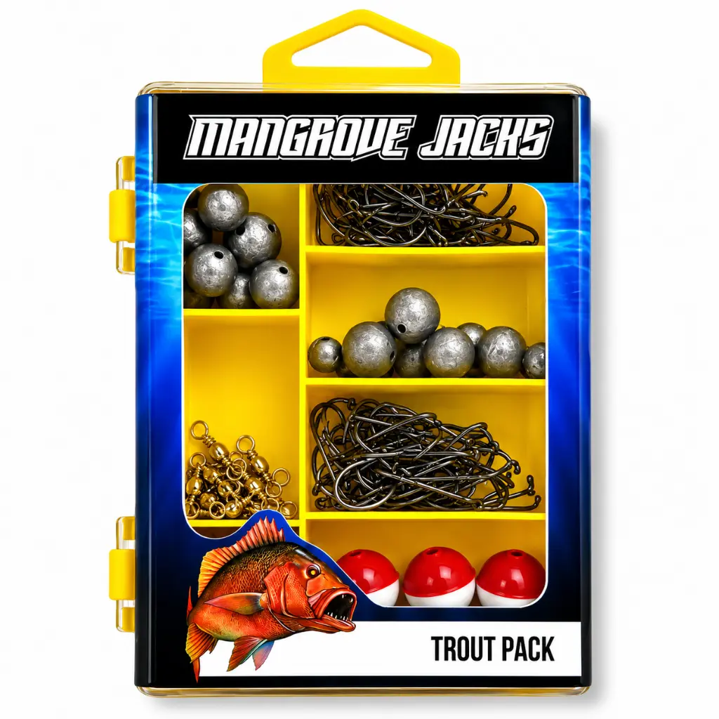 Mangrove Jacks Trout Fishing Pack | Hooks, Swivels, Floats, and Sinkers in Tackle Box