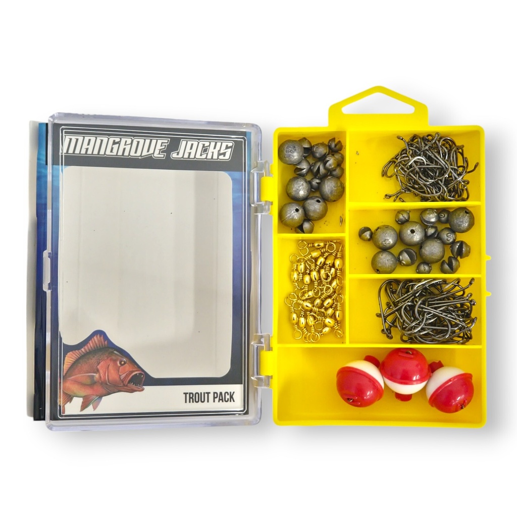 Mangrove Jacks Trout Fishing Pack | Hooks, Swivels, Floats, and Sinkers in Tackle Box