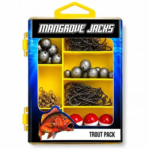 [9337217022527] Mangrove Jacks Trout Fishing Pack | Hooks, Swivels, Floats, and Sinkers in Tackle Box