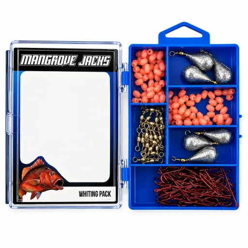 [9337217022800] Mangrove Jacks Whiting Fishing Pack | Hooks, Swivels, Sinkers, and Lumo Beads in Tackle Box