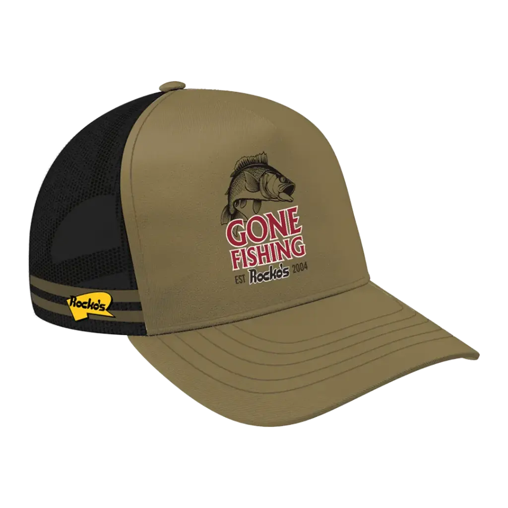 Rocko's 5 Panel Outback Trucker Cap Khaki Gone Fishing Beer OSFM