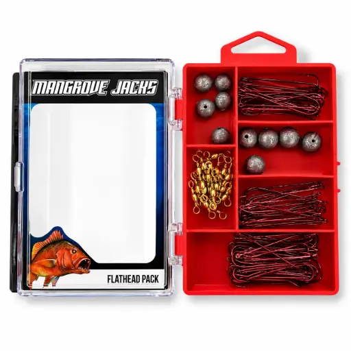 [9337217022497] Mangrove Jacks Flathead Fishing Pack | Hooks, Swivels, Sinkers in Compact Tackle Box