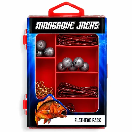 [9337217022497] Mangrove Jacks Flathead Fishing Pack | Hooks, Swivels, Sinkers in Compact Tackle Box