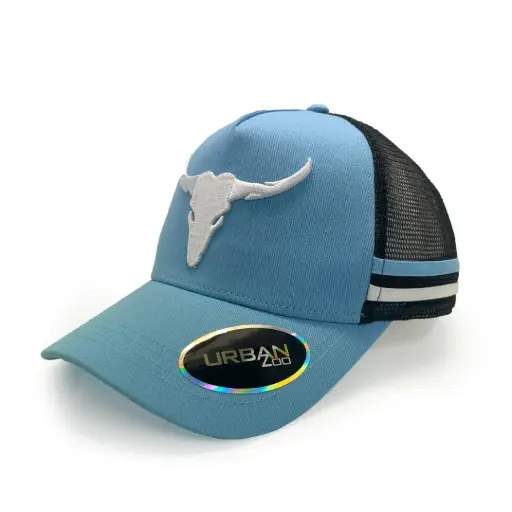 [9340457033062] Urban Zoo West Village 109 5 Panel Trucker Longhorn Bull OSFM (Sky/White)